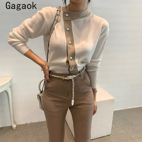 Gagaok bureau dame coréen rétro tricoté chandails 2022 printemps automne nouveau Patchwork O cou mince Chic sauvage Simple pulls ► Photo 1/6