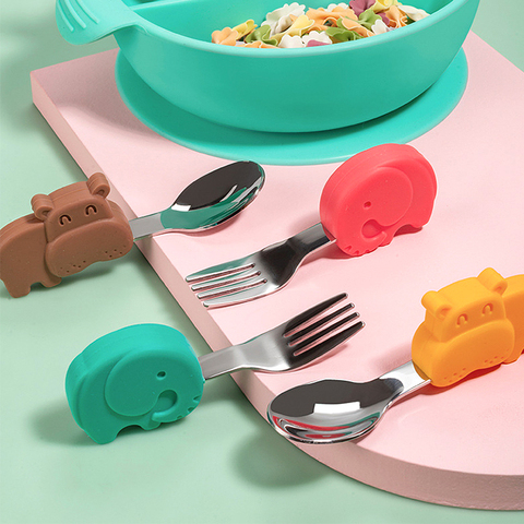 Ustensiles pour bébés, ensemble de table, Gadgets pour enfants, ustensiles en acier inoxydable, couverts de dessin animé, alimentation pour nourrissons cuillère fourchette ► Photo 1/6