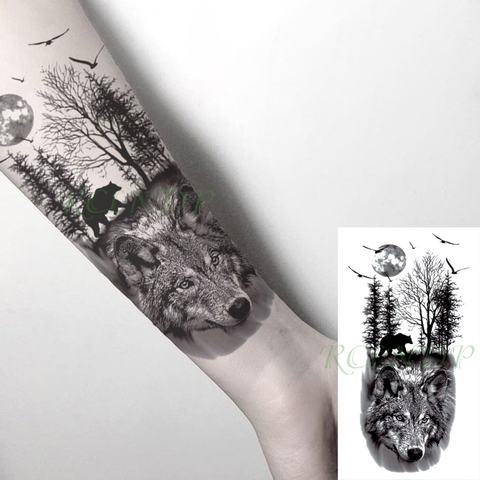 Autocollant de tatouage temporaire imperméable loup forêt lune arbre ours Animal faux Tatoo Flash Tatto bras jambe corps Art pour femmes hommes ► Photo 1/6