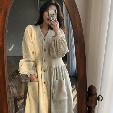 Robe longue en velours côtelé pour femmes, Vintage, élégante, manches longues, simple boutonnage, tunique décontractée avec poche, automne hiver ► Photo 1/5