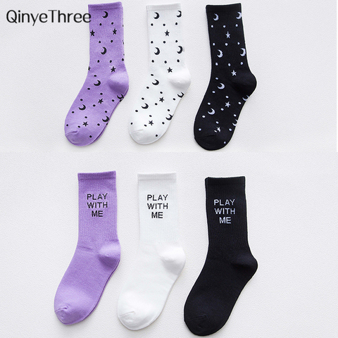 Chaussettes de Skateboard en coton pour femmes, chaussettes unisexes Harajuku Calcetines Tube Sokken étoiles lune impression drôle «Play With Me» Sox ► Photo 1/6