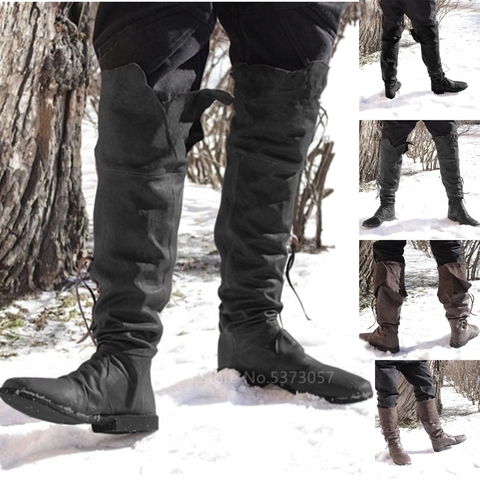 Bottes médiévales rétro pour hommes, chaussures Vintage, Costume Viking, Cosplay Pirate, bottes hautes aux genoux, à lacets ► Photo 1/6