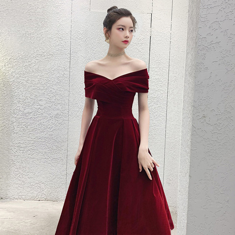 Cheongsam – robe De soirée en velours, asymétrique, épaule dénudée, manches courtes, ligne a, tenue De bal élégante, bordeaux ► Photo 1/6