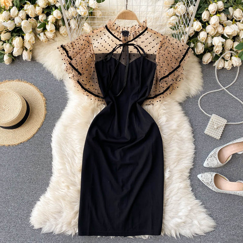 Robe mi-longue à pois pour femme, vêtement français rétro, ondulé, maille, couture, manches, feuille de Lotus, taille fine, Sexy, hanche, nouvelle collection printemps 2022, C470 ► Photo 1/6