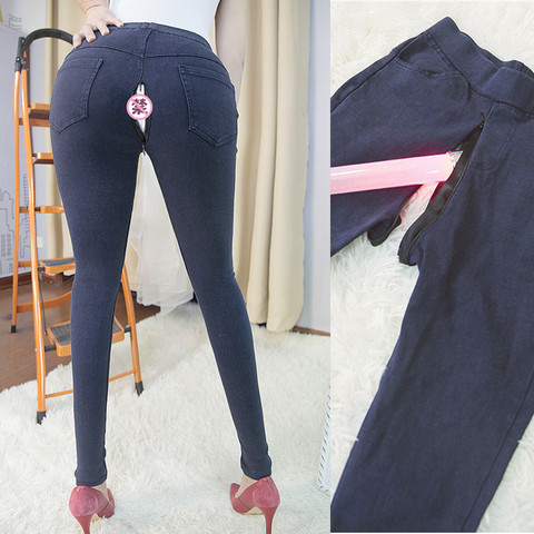 Femmes en plein air sexe pantalon vêtements Leggings ouvert entrejambe Double fermeture éclair jean maigre Denim pantalon taille haute Sexy exotiques Costumes ► Photo 1/6