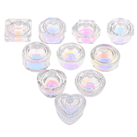 1 pièces arc-en-ciel cristal clair acrylique liquide plat Tappen plat verre tasse avec couvercle bol pour acrylique poudre monomère Nail Art Tool ► Photo 1/6