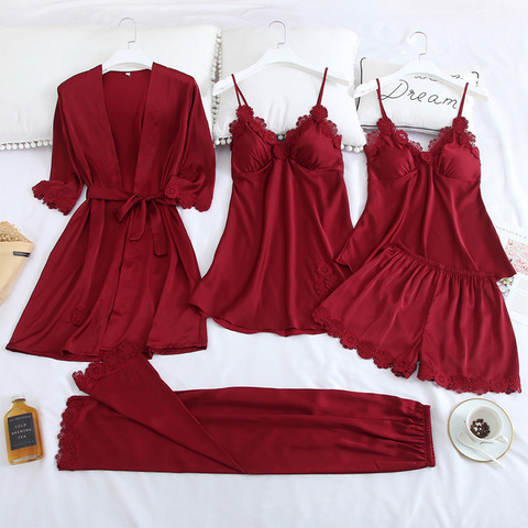 5 pièces ensemble de pyjamas bordeaux femmes Satin dentelle sommeil Pijama maison nuisette Sexy col en v peignoir vêtements de printemps Robe Robe costume vêtements de nuit ► Photo 1/6