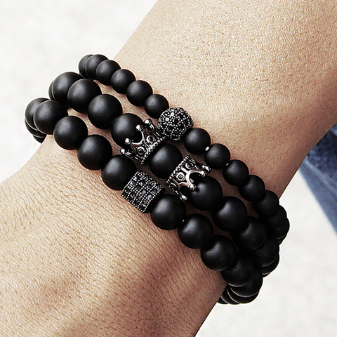 Micro pavé noir perlé CZ zircone roi couronne et barre Bracelet à breloques hommes pierre perle Bracelet saint-valentin hommes bijoux livraison directe ► Photo 1/6