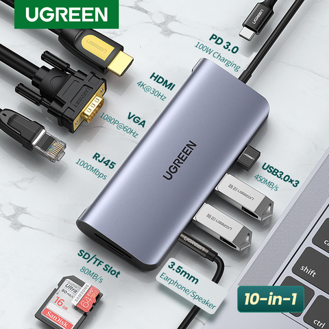 UGREEN USB HUB C adaptateur compatible HDMI 10 en 1 USB C vers USB 3.0 Dock pour MacBook Pro USB-C Type C 3.1 répartiteur USB C HUB ► Photo 1/6