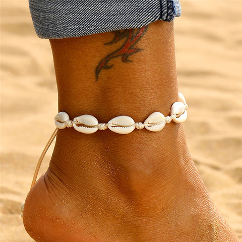 Bracelets de cheville en coquillage bohème pour femmes, bijoux de pied en cuir tissé à la main, coquille naturelle, été plage, pieds nus, cheville sur jambe ► Photo 1/6