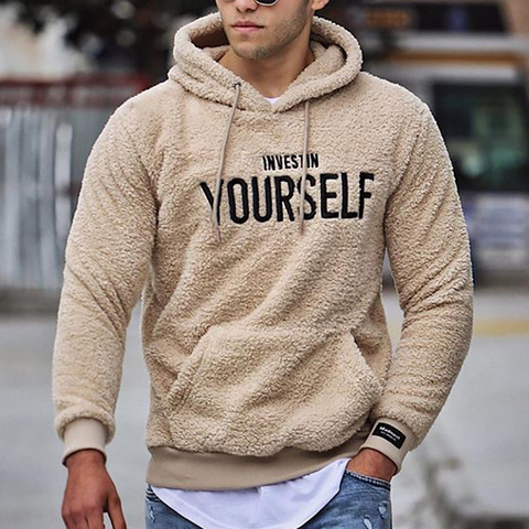 Sweat-shirt à capuche en laine pour homme, chaud, avec lettres imprimées, pull kangourou, polaire, avec poche, nouvelle collection automne et hiver ► Photo 1/6