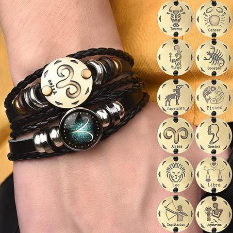 Bracelet en cuir tressé à breloque lumineuse pour hommes et femmes, bijoux de poignet, Horoscope du zodiaque, 2 pièces/ensemble 12 ► Photo 1/6