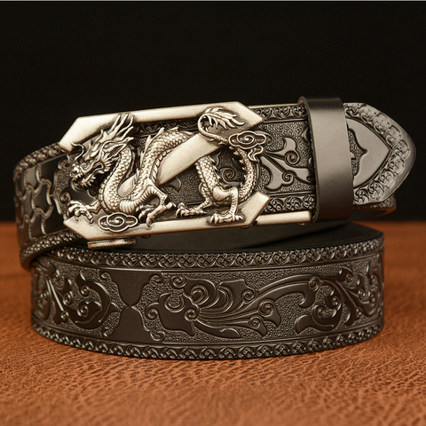 Ceinture en cuir véritable de vache pour hommes, technologie de gaufrage rétro, avec boucle automatique à motif de Dragon ► Photo 1/6