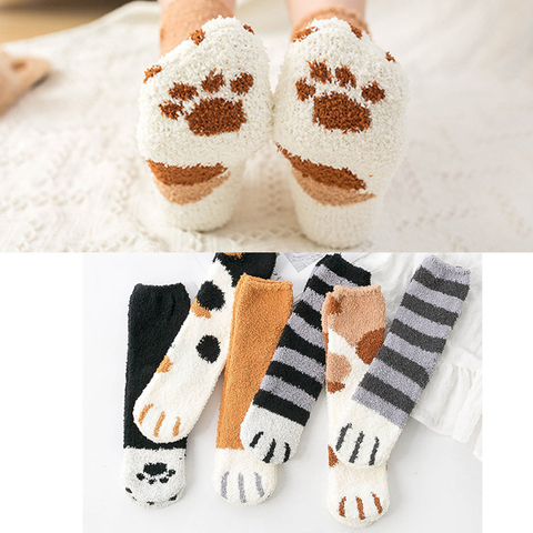 Chaussettes chaudes en tissu éponge moelleux griffes d'animaux chaussettes en velours corail hiver Kawaii chaussettes épaisses rayé dessin animé femmes chaussettes courtes mignonnes ► Photo 1/6