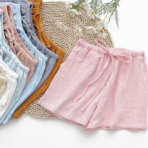 Été 100% coton crêpe sommeil Shorts couleur unie décontracté vêtements de nuit amples femmes bas dames grande taille pyjamas vêtements de détente ► Photo 1/6