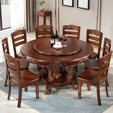 Table à manger en bois massif avec plateau tournant, table ronde de style chinois, combinaison de table et de chaise ► Photo 1/3