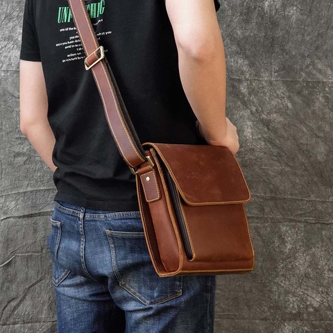 Hommes de cru véritable en cuir iPad messenger sac en cuir de Vache Épais épaule occasionnel petit sac à bandoulière sac de peau de Vache porte-documents ► Photo 1/6