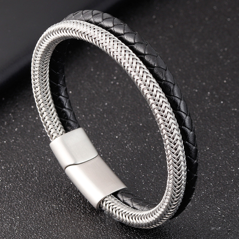 Bracelet en cuir pour hommes, Style classique, avec couture en acier inoxydable, combinaison de couture, avec boucle en acier noir, accessoires de fête, cadeau idéal ► Photo 1/6