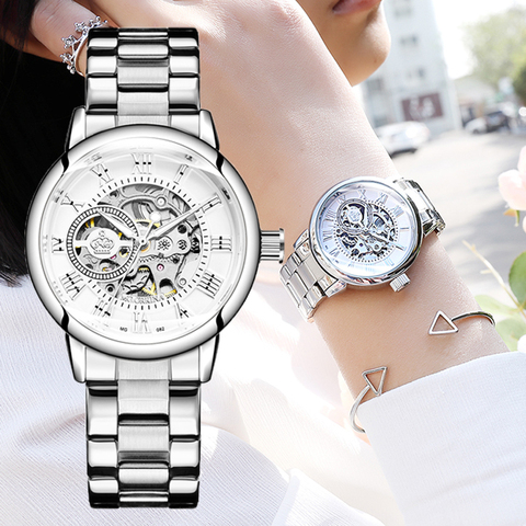 Reloj Mujer Montre Femme 2022 argent femmes montres habillées dames bracelet en acier inoxydable squelette automatique montres mécaniques ► Photo 1/6