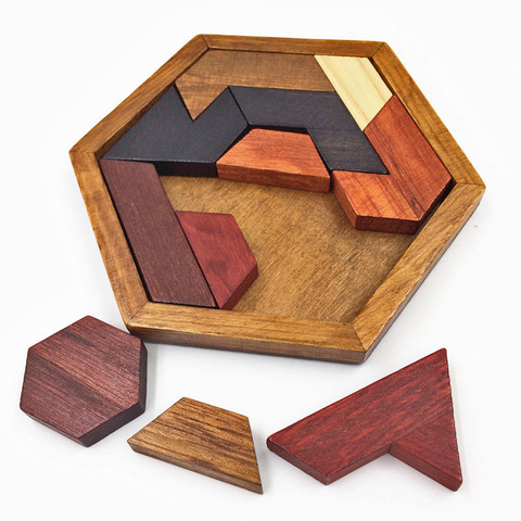 Puzzles hexagonaux en bois IQ jeu jouets éducatifs pour enfants enfants adultes Tangram conseil IQ cerveau Teaser Montessori jouets cadeaux ► Photo 1/6