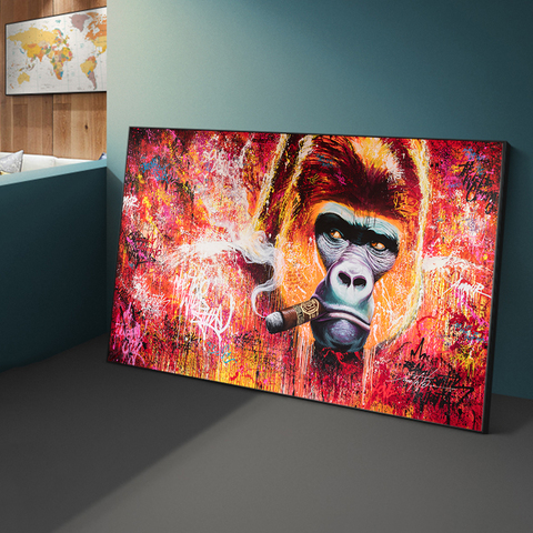 Affiche d'art Graffiti abstrait avec singe fumeur avec un cigare imprimé avec des peintures sur toile ► Photo 1/6