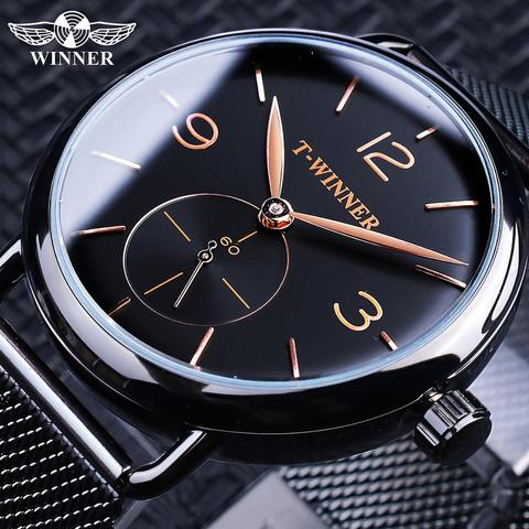 Winner – Montre mécanique noire pour homme, Simple, mince, vent, analogique, bracelet en acier inoxydable, maille, horloge ► Photo 1/6