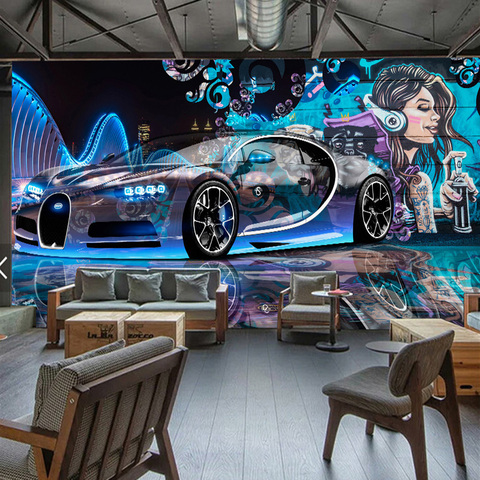 Papier peint auto-adhésif 3D, Graffiti de rue moderne, voiture de sport, peintures murales créatives pour chambre d'enfant, Clubs KTV, barre épaisse, autocollant mural 3D ► Photo 1/6