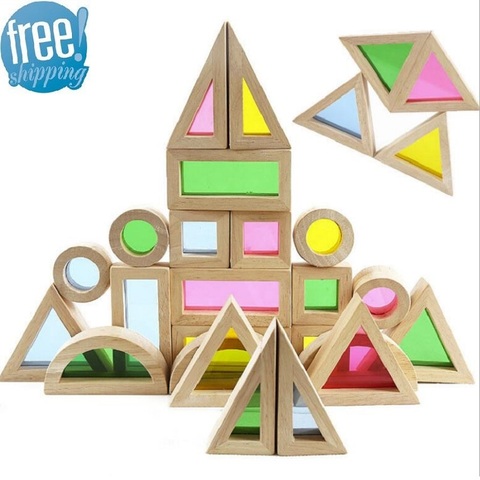 SUKIToy En Bois jouet Enfant de Doux Montessori Arc-En-Coloré En Bois Building Blocks Jouet Set 24 PCS 6 Forme 4 Translucide couleurs ► Photo 1/6