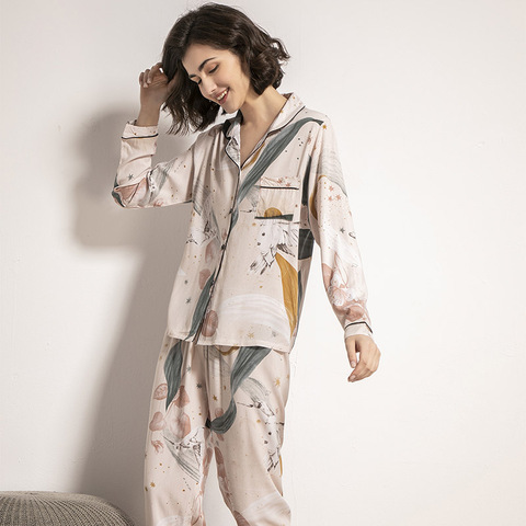 Ciel étoilé et imprimé fleuri femmes pyjamas ensemble confort coton Satin à manches longues Homewear dames tendre tenue décontracté pour le printemps ► Photo 1/5