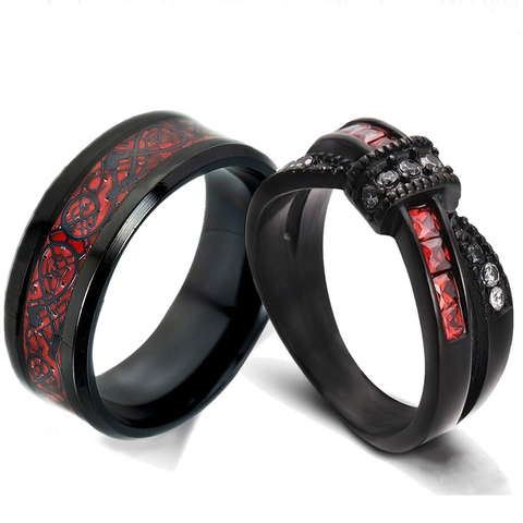 FDLK Couple anneaux-hommes classique rouge Dragon anneau et femmes rouge grenat croix cristal mariée fiançailles bague de mariage ► Photo 1/4