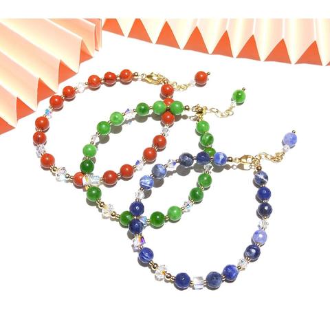 Lii Ji – Bracelet en pierre naturelle de Jade vert, jaspe rouge, bleu, Sodalite, perles en cristal autrichien, or 14k, 18 + 3cm, 6mm ► Photo 1/6