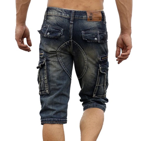 Short Cargo en Denim pour hommes, avec plusieurs poches, coupe cintrée, Jeans militaire délavé à la mode ► Photo 1/6