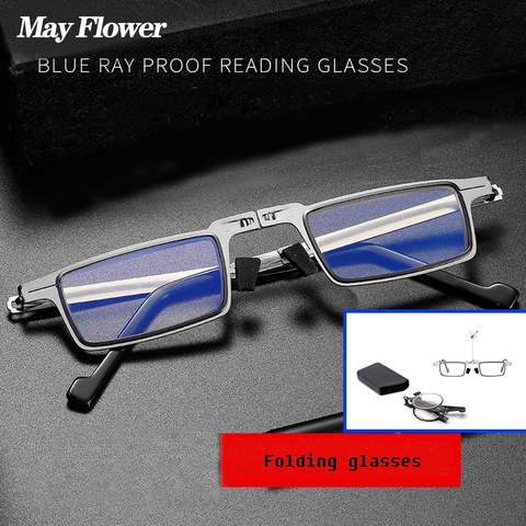 May Flower bleu Anti-lumière lunettes de lecture en métal pliable presbytie lunettes avec étui mince loupe hommes femmes + 3 + 3.5 + 4 ► Photo 1/6
