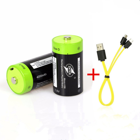 2 pièces ZNTER 1.5V 4000mAh rechargeable D'usb de batterie batterie D Lipo LR20 au lithium polymère batterie + Câble De Chargement Micro USB ► Photo 1/6