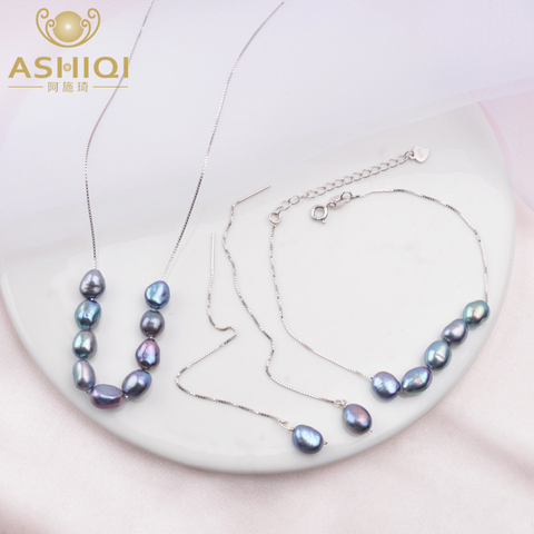 ASHIQI-ensemble de bijoux en argent Sterling 925, véritable Baroque, véritable perle, collier, boucles d'oreilles, Bracelet pour femmes, nouveauté ► Photo 1/6