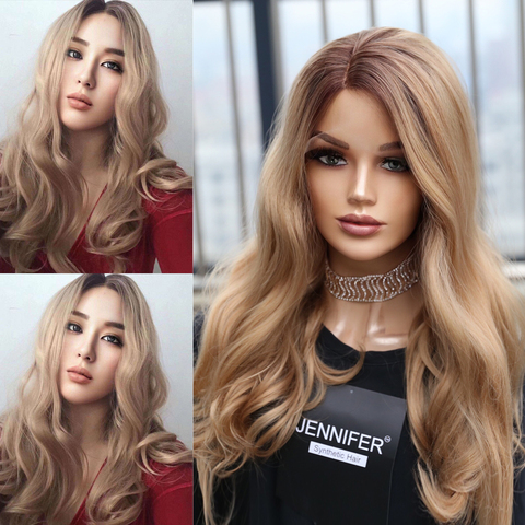 Perruques synthétiques partie latérale dentelle perruques pour femmes longs cheveux doux ondulés Omber brun Blond couleur perruque Cosplay résistant à la chaleur fibre ► Photo 1/6