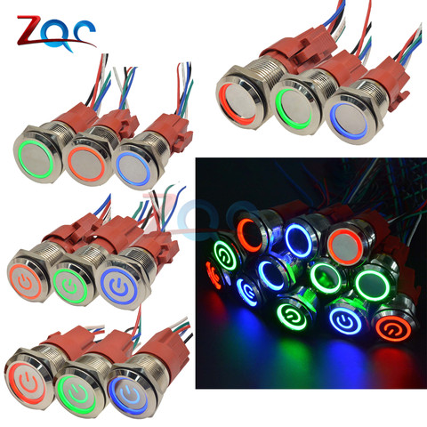 Bouton poussoir en métal, 16mm 19mm 22mm, anneau/LED d'alimentation 250V 5A, réinitialisation automatique, verrouillage momentané, étanche, pour moteur de voiture ► Photo 1/6