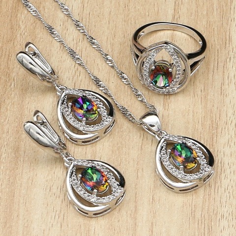 Ensembles de bijoux en argent 925 pour femmes, pierres de feu arc-en-ciel mystique, blanc CZ, collier/boucles d'oreilles/pendentif/bague de mariage, 3 pièces ► Photo 1/1