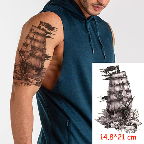 Autocollant de tatouage temporaire imperméable bateau pirate crâne drapeau tatoo transfert d'eau faux tatoo flash tatto femme homme enfant 14.8*21 cm ► Photo 1/6