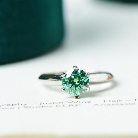 Bague en Moissanite classique en argent 925 ronde, couleur verte, coupe en brillant, bague de fiançailles, passé émeraude, pour adolescentes ► Photo 1/6