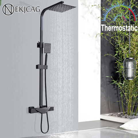 Ensemble de robinet de douche thermostatique noir Chrome 8 pouces pomme de douche en laiton baignoire bec baignoire douche grue robinets thermostatiques ► Photo 1/6