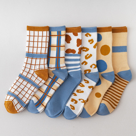 Chaussettes en coton couleur assortie Ins bleu rayé Plaid marée chaussettes femmes chaussettes Harajuku accessoires chaussettes femme Sox chaussettes colorées ► Photo 1/5