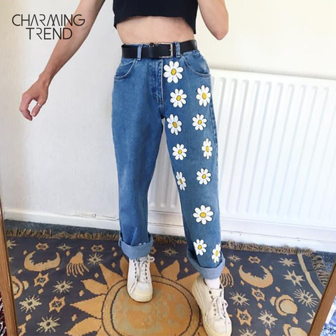 Mode Chic femme jean taille haute 2022 droit mignon femme denim pantalon long pantalon vintage pâquerettes imprimé femmes jean ► Photo 1/6