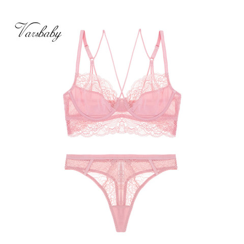 Varsbaby – ensemble de sous-vêtements sexy en V profond, ajouré, sans doublure, bonnet 3/4, soutien-gorge et string en dentelle florale pour femmes ► Photo 1/6