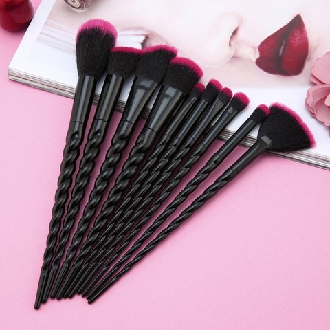 Ensemble de maquillage, noir et rouge, 10 pièces par ensemble avec poignée en plastique, brosses de beauté, brosse pour fond de teint cosmétique, Blush ► Photo 1/6