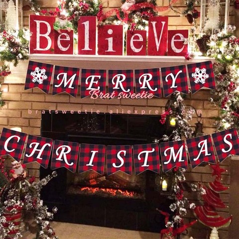 Bannière de joyeux noël à carreaux de buffle, guirlandes de drapeau de Noel en toile de jute, décorations de fête de noël 2022, accessoire Photo pour la maison ► Photo 1/6