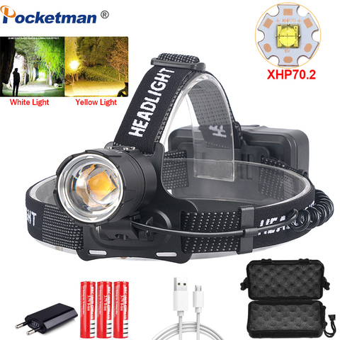 Lampe frontale Led la plus puissante, jaune ou blanc, 8000LM, XHP70.2, XHP70, fonction ZOOM, alimentée par 3 piles 18650, pour la pêche et le Camping ► Photo 1/6