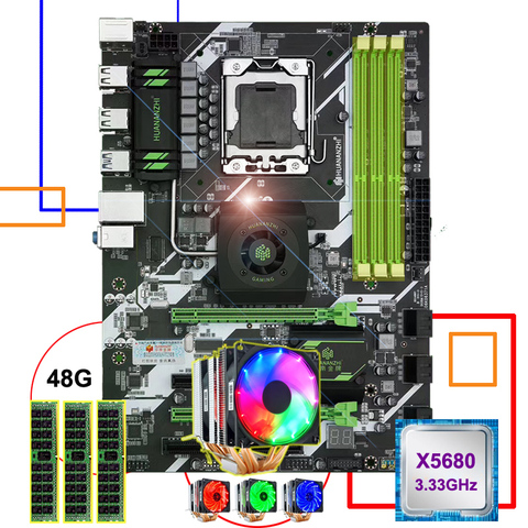 HUANANZHI X58 deluxe LGA1366 carte mère bundle north bridge refroidisseur CPU Xeon X5680 6 caloducs refroidisseur mémoire 48G (3*16G) RECC ► Photo 1/6