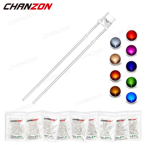 100 pièces 3mm éclairage à LED Diode plat haut blanc chaud rouge bleu vert UV Orange jaune rose couleur ampoule lampe 2V 3V indicateur bricolage ► Photo 1/3