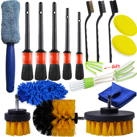 Ensemble de brosses pour perceuse électrique, 17 pièces, brosses de nettoyage de voiture, brosses de détail pour évents de voiture, jantes de pneus, outils de nettoyage de vitres ► Photo 1/6